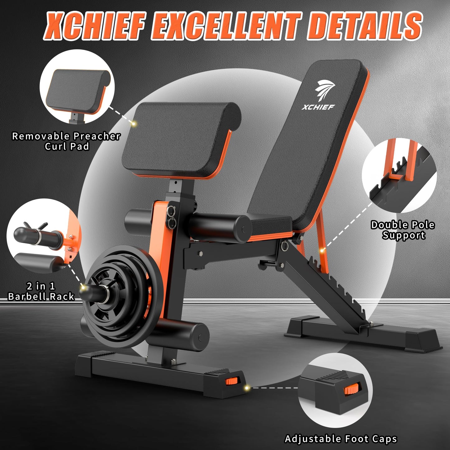 XCHIEF Adjustable Weight Bench - 1000LBS Capacity Heavy Duty Foldable Workout Bench for Full Body Exercise, Flat/Incline/Decline, Bench Press for Home Gym with Preacher Pad & Leg Extension