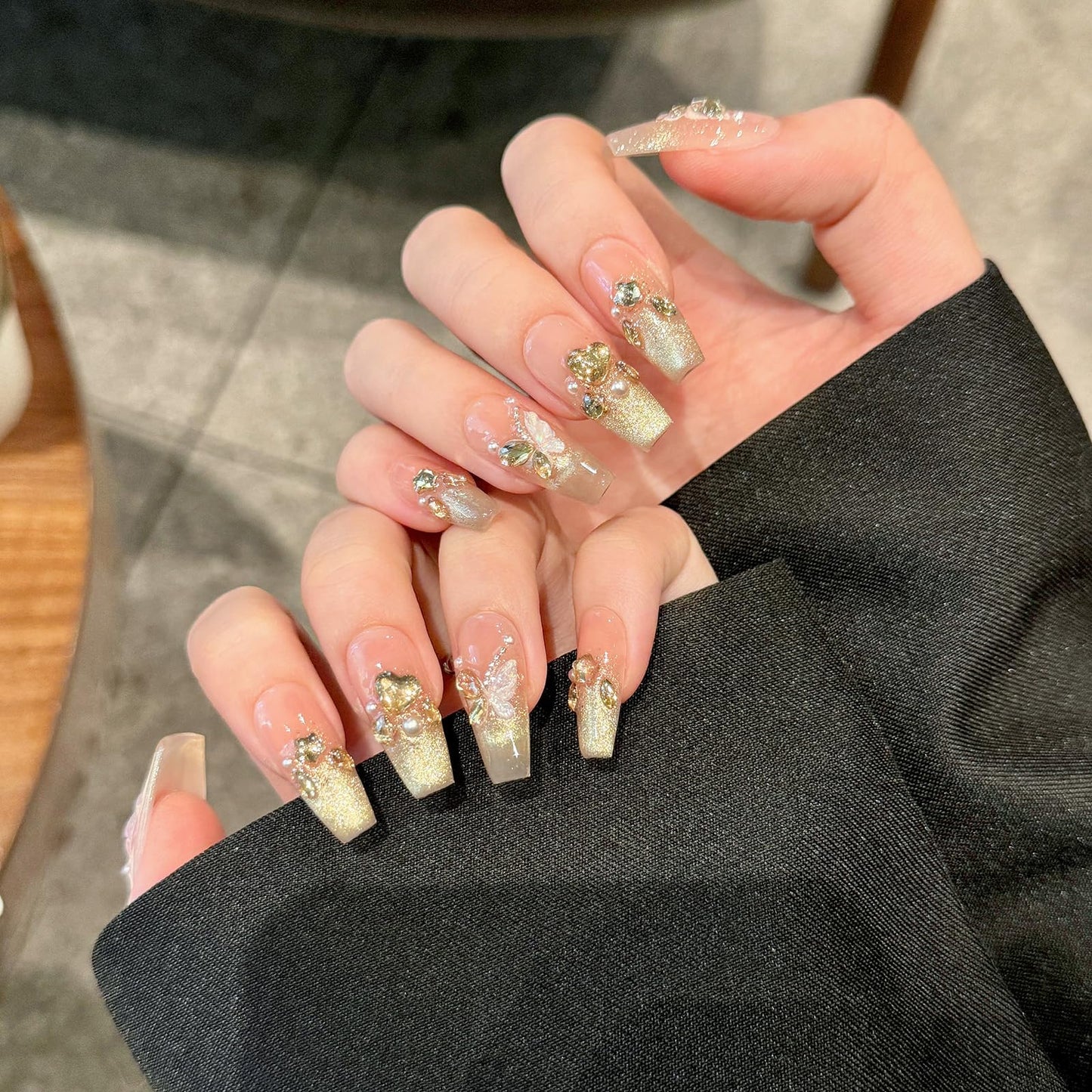 Yacey Handmade Press On Nails – Medium Coffin False Nails for Women, Reusable Acrylic French Tip with Pearl & 3D Buttterfly Cat Eye Design – Salon Quality Fake Nails (10PCS, M）