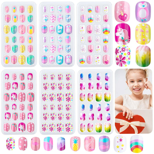 144 Pieces Press on Nails Grils, Thrilez Children Fake Artificial False Nail Tips Pre Glue Full Cover Short Acrylic Nails for Girls Kids Nail Art Decoration (Rainbow Sky)