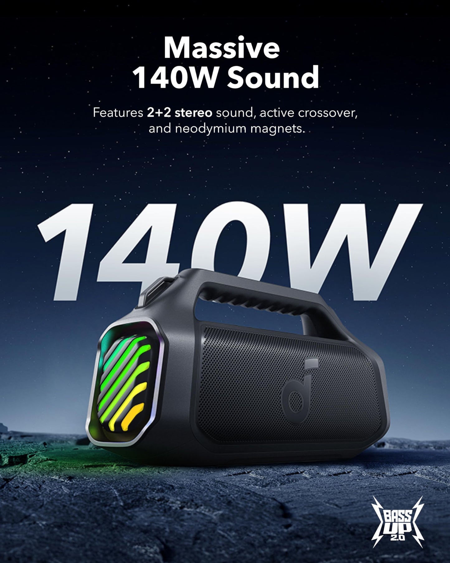 soundcore Boom 2 Plus By Anker, Outdoor Speaker, 140W, 2+2 Channel, BassUp 2.0, 20H Playtime, Fast Charge, IPX7 Waterproof, RGB Lights, Power Bank, Bluetooth 5.3, Portable for Outdoors, Camping, Beach