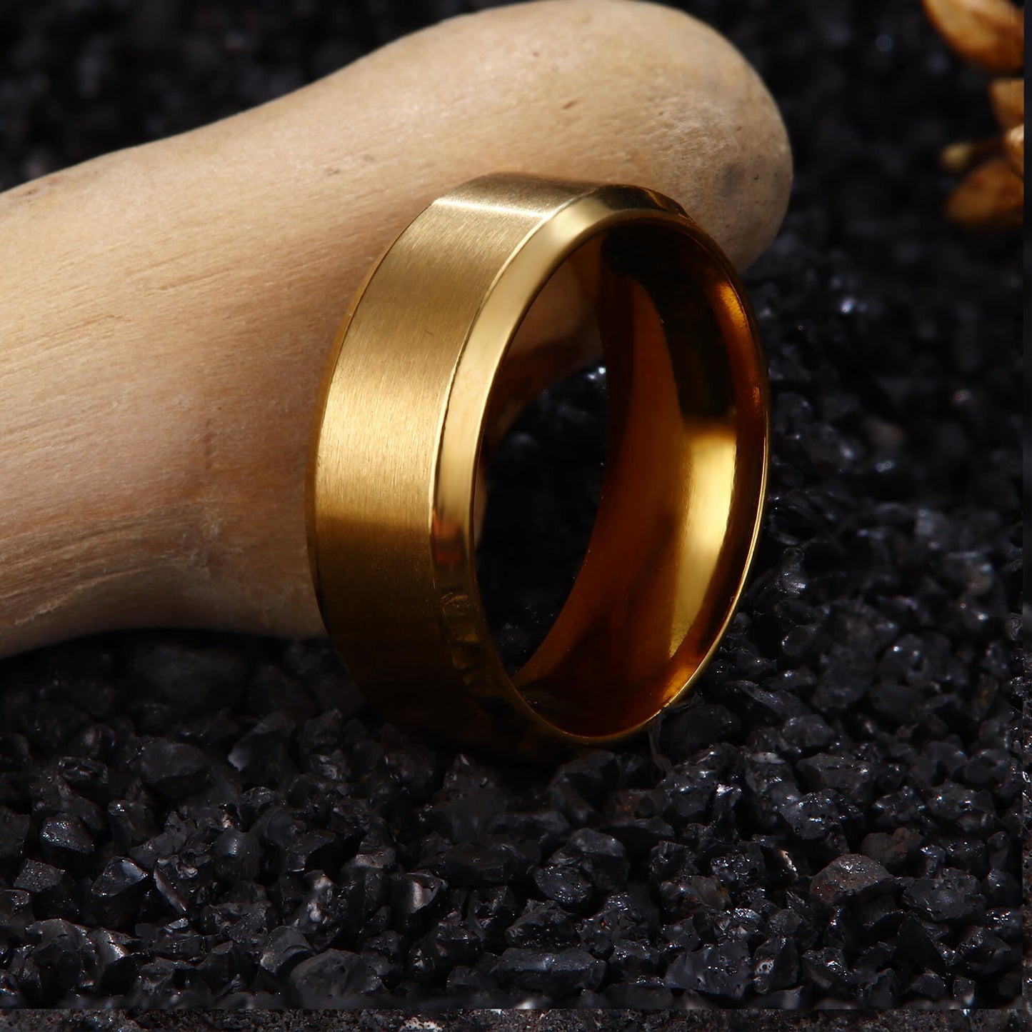Jstyle Stainless Steel Rings for Men Women 8MM Wedding Band Rings Matte Surface - Beveled Polished Edge Mens Ring Size 7.5 18K Gold Plated Ring for Men