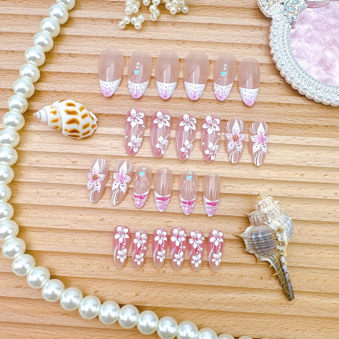 24Pcs Pink Flower Press on Nails Medium Almond Fake Nails with Pearl Rhinestones Summer Hibiscus Flowers Acrylic Nails 3D Shell French Tip False Nail Pink Beach Full Cover Stick on Nails for Women