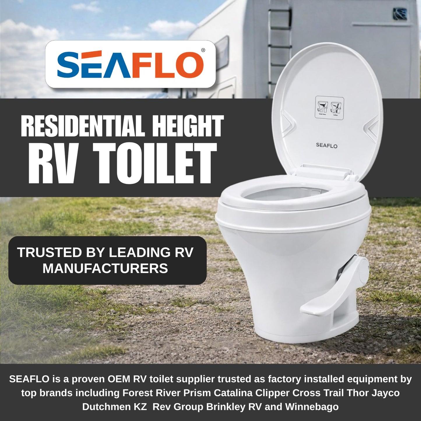 SEAFLO RV Toilet, 18.4” Residential Height, Gravity Flush System, Foot Pedal Operation, Soft Close Seat, for RV Motorhomes Campers, IAPMO & CSA Certified - 4-Year Warranty