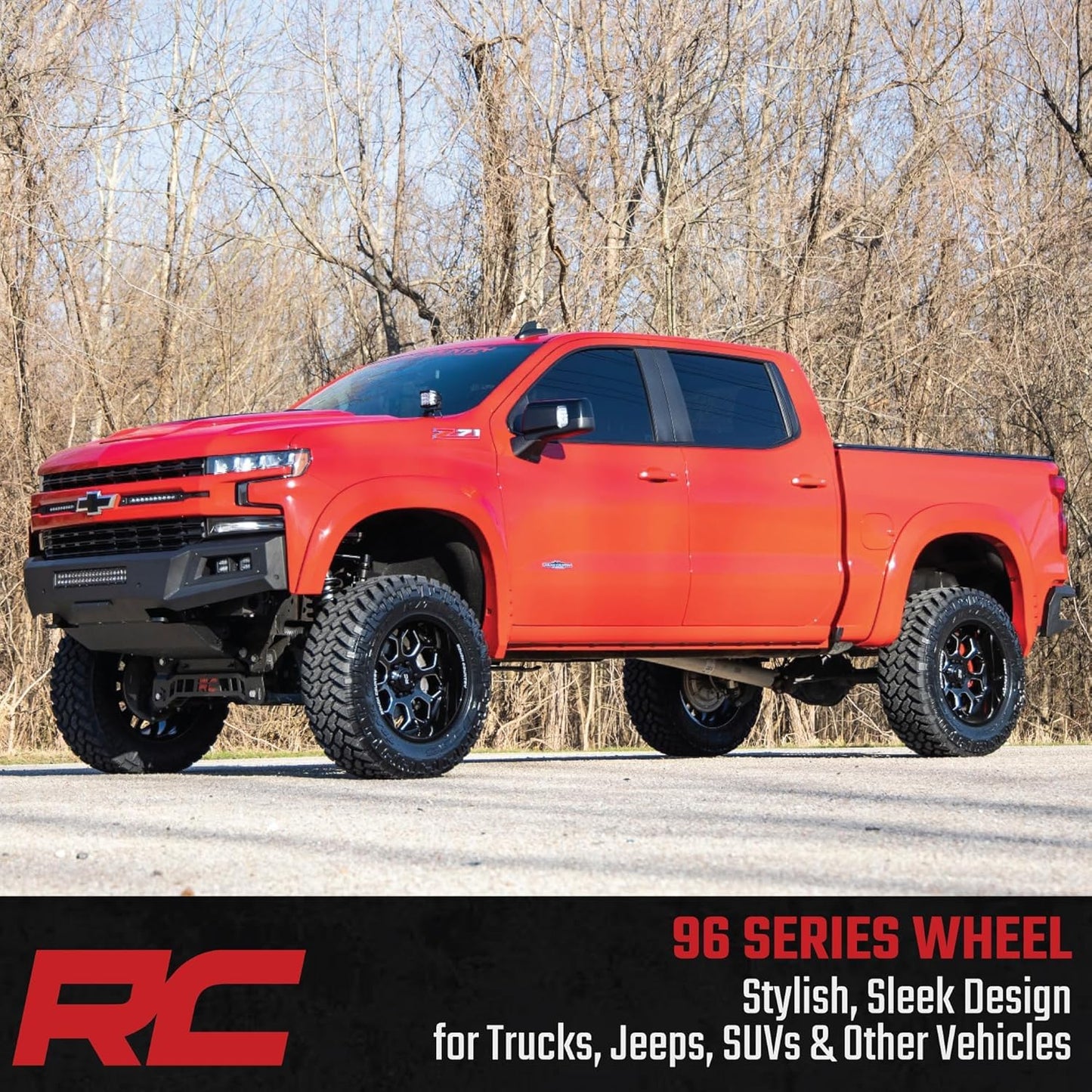 Rough Country 96 Series One-Piece Aluminum Wheel 20x10, 6x5.5" Bolt Pattern, 19mm Offset - Gloss Black w/Milled Accents, 8-Spoke, Lightweight with Center Cap