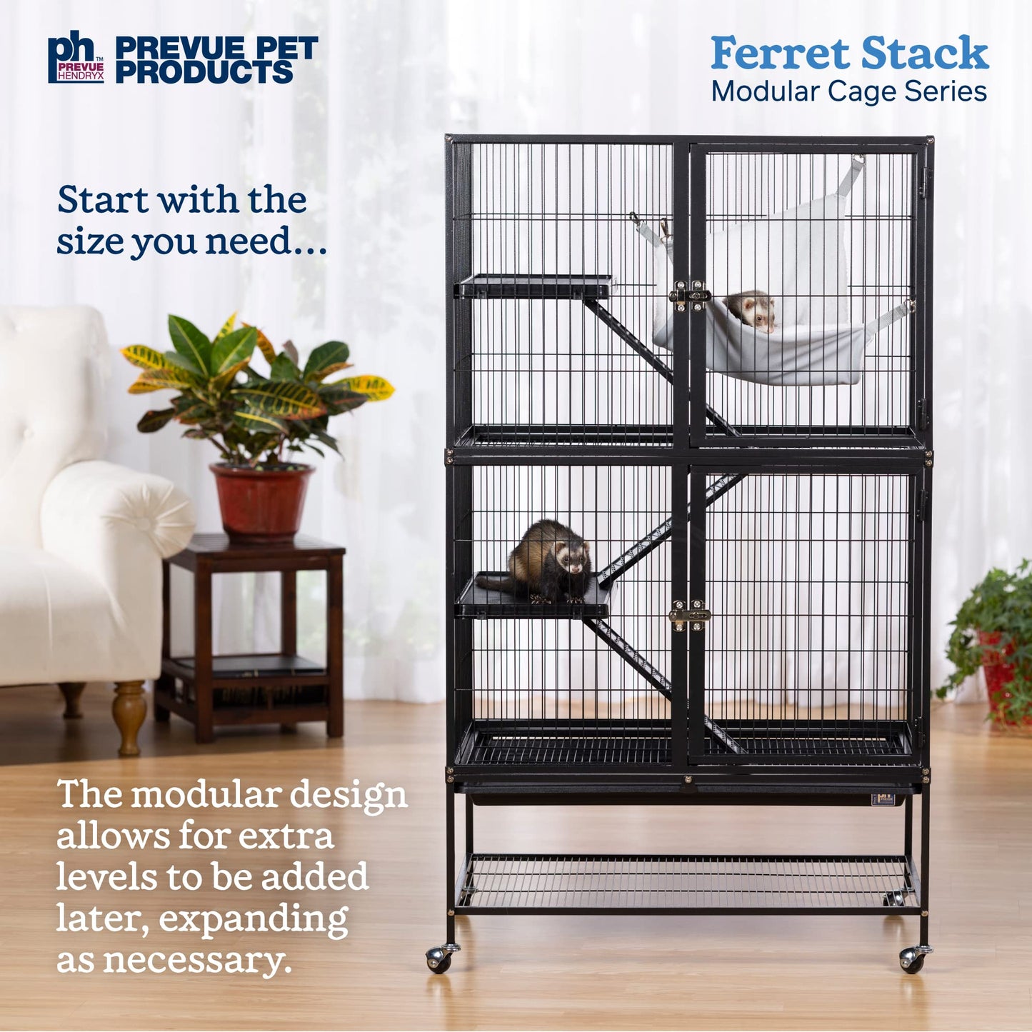 Prevue Pet Products Ferret Stack Two Story Ferret Home with Portable Stand, Escape Proof Lock, Hammock, Ramps, Expandable Add-On Cage Stacking System