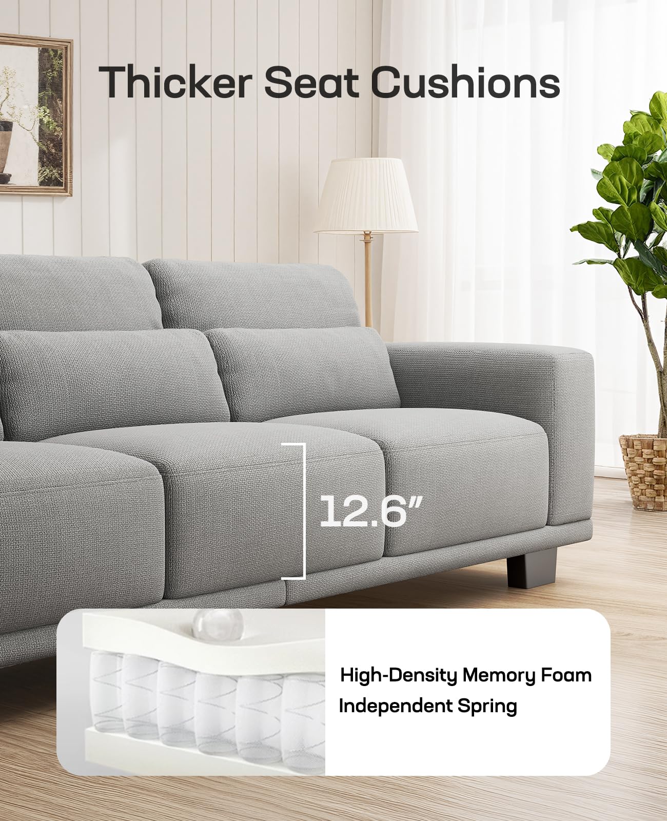 Marsail 89 Inch Sofa, 3-Seater Modern Comfy Couch with Deep Seats, Upholstered Linen Couches for Living Room, Bedroom, Office,Apartment, Grey