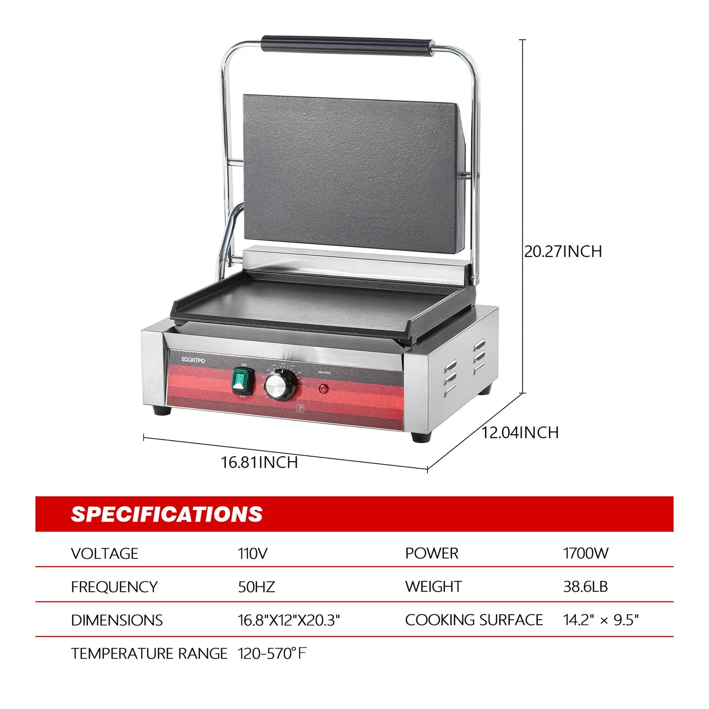 EGGKITPO Commercial Electric Panini Grill with Flat Plates Stainless Steel Sandwich Maker 14"× 9.5" Cast Iron Enamel Plate Countertop Panini Press with Temperature Control for Business 110V 1700W