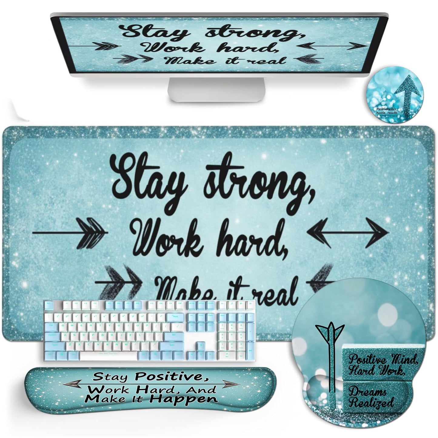 AQQA Desk Mat Desk Pad,5in1 XXL Mousepad + Keyboard Wrist Rest+Mouse Wrist Rest+Coaster Set with Ergonomic Desk Pad for Home Office Desk Accessories Decor Supplies,Stay Positive