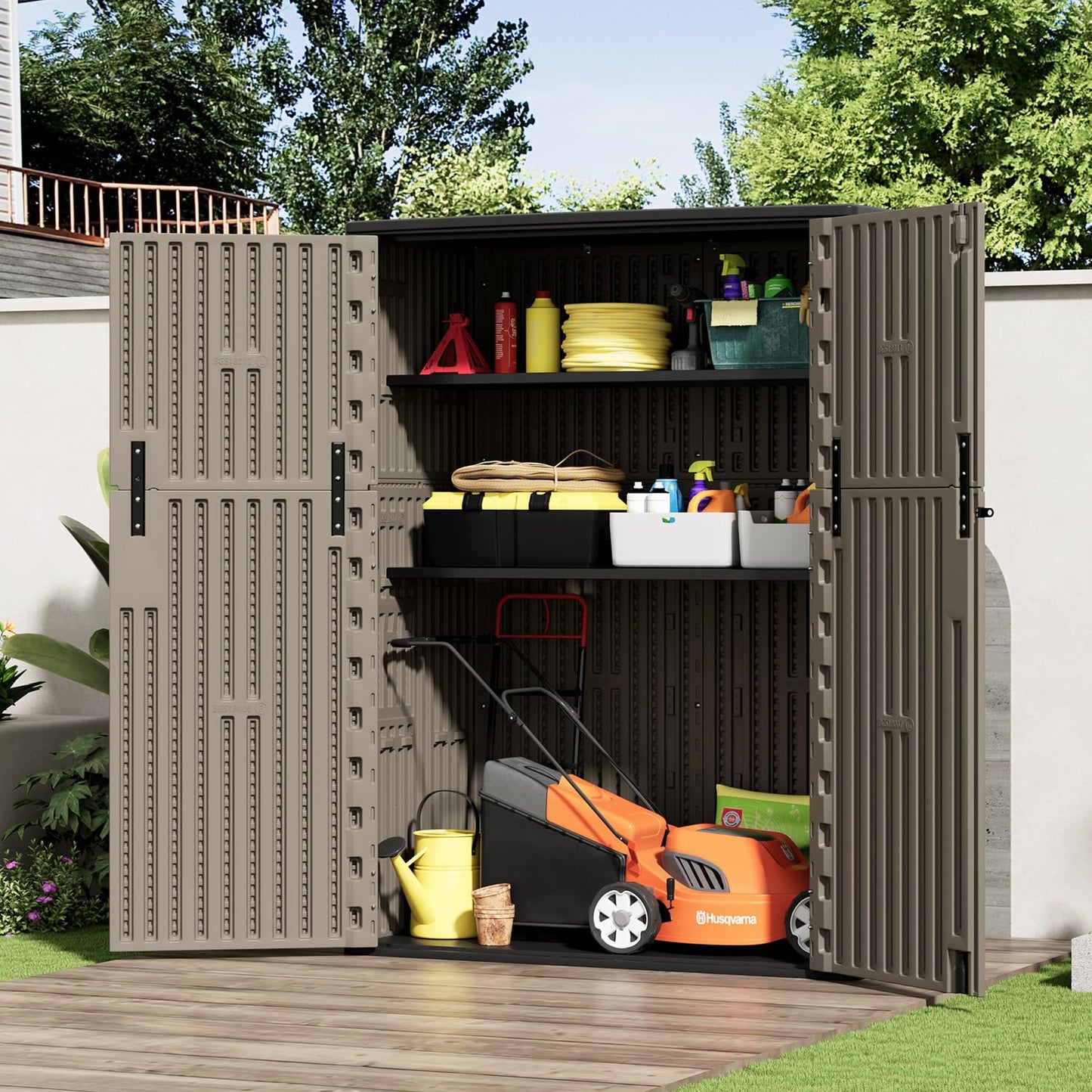 HOMSPARK Outdoor Storage Shed 57 Cu.Ft, All-Weather Resistant Resin Garden Sheds & Outdoor Storage Clearance with Floor, Double-Layer Plastic Tool Sheds for Patio, Garden & Lawn (Shallow Brown)