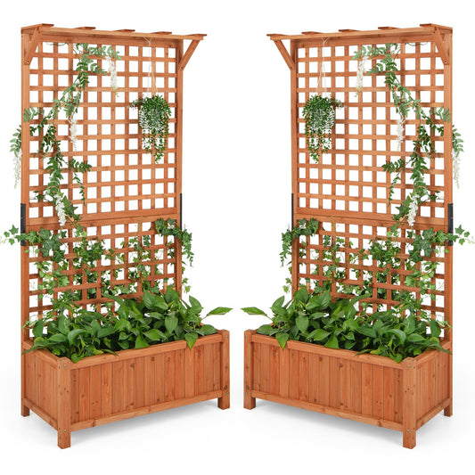 HAPPYGRILL Raised Garden Bed with Trellis, 72.5" Planter Raised Bed with Drainage Holes, Freestanding Garden Box for Vine Climbing Plants, Wooden Planter Box for Yard Balcony (2, Orange)