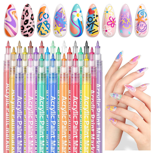 SAVILAND Nail Art Pens Set: 24 Colors Spring Summer 3D 0.7MM Quick Dry Nail Polish Pens for Nail Art Design Acrylic Paint Makers Drawing Point Liner Pen Dotting Tools Brush Home Salon DIY