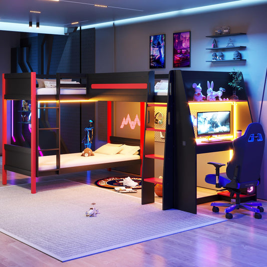 Merax L-Shaped Twin Size Triple Bunk Bed for 3 People, Wood Gaming Loft Bed with Built-in Desk, Shelves, Lights and Full-Length Guardrails, Black+Red