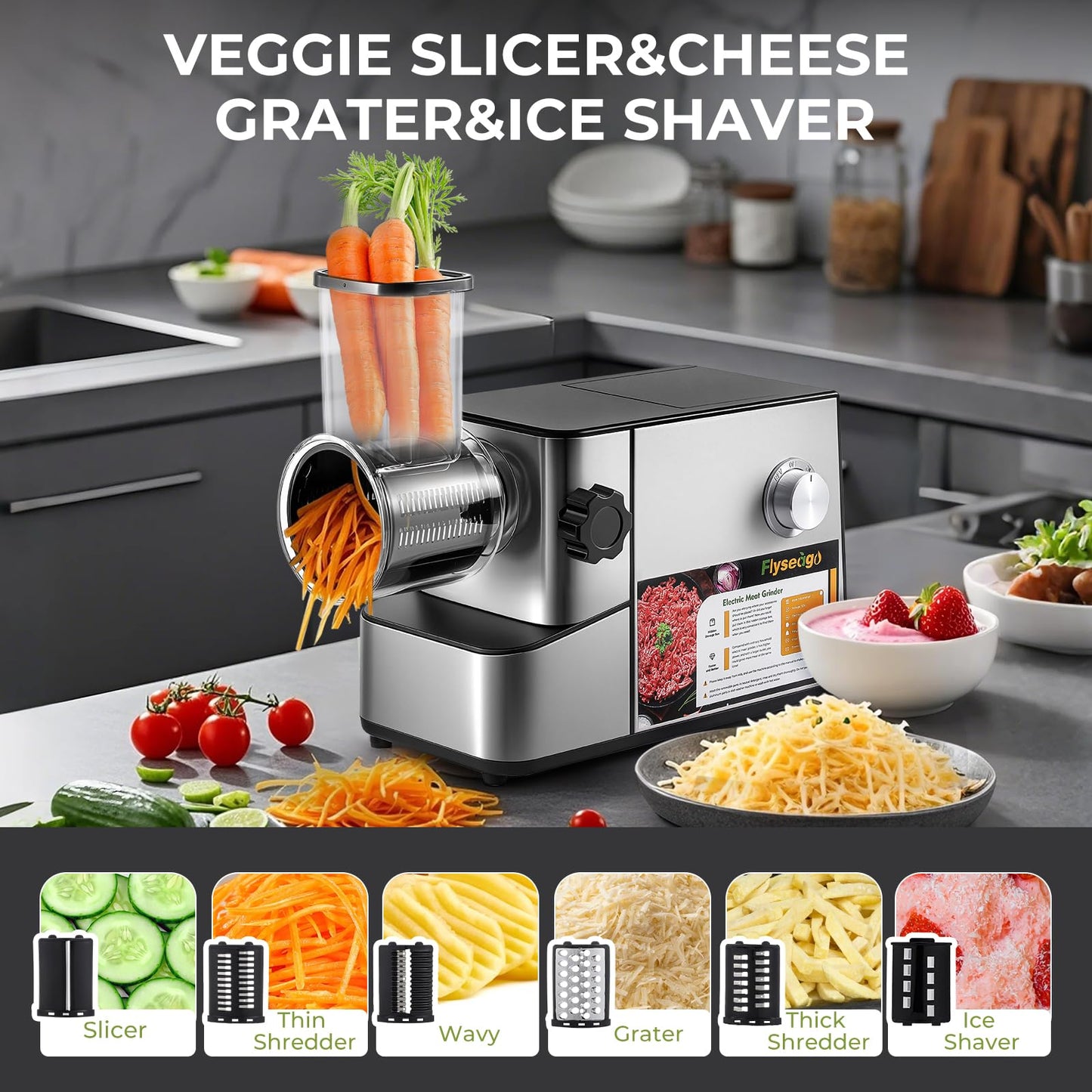 Flyseago Meat Grinder Electric 3200w High Capacity Storage Commercial Heavy Duty Meat Grinder, Veggie Slicer, Ice Cutter, Cheese Grater, Sausage Stuffers, Kubbe Kit for Home Use & Commercial