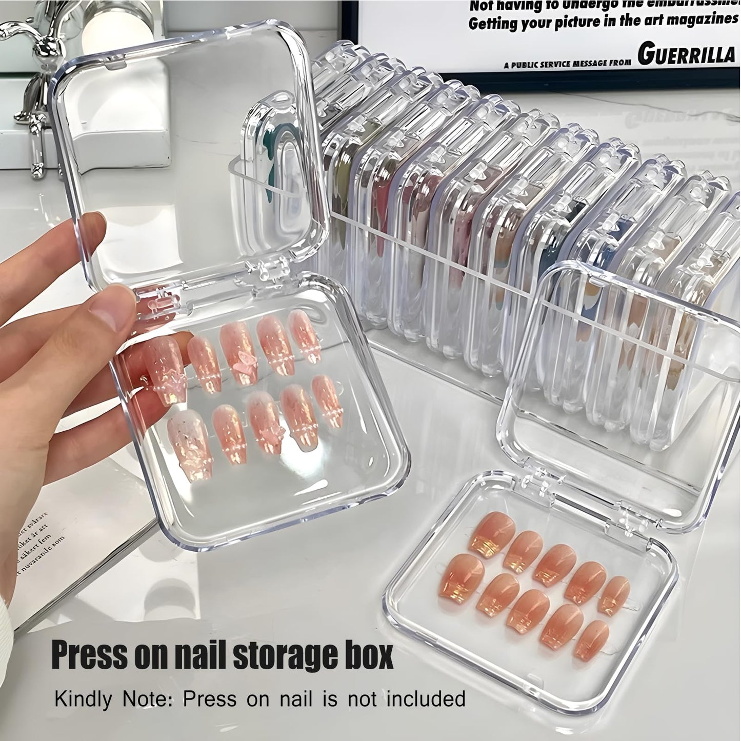 12Pcs Press on Nail Packaging Boxes, False Nail Container Organizer Clear Nail Display Case with 1 All-In-One Acrylic Storage Box and 30pcs Double-sided Adhesive Tape for Nail Art Salon Home Use