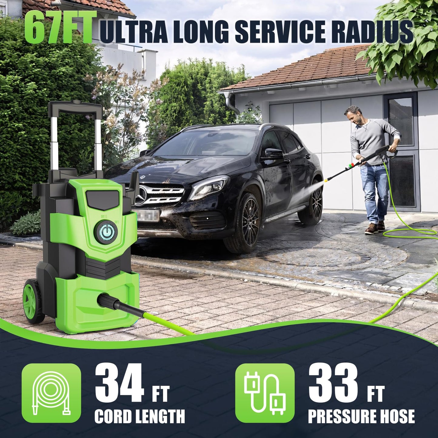 Imdot Adjustable Electric Pressure Washer with 33FT Flexible Extension Hose + 34FT Power Cord, 4 Nozzles, Foam Cannon, Best Power Washer for Cars, Patios, Driveways, Green