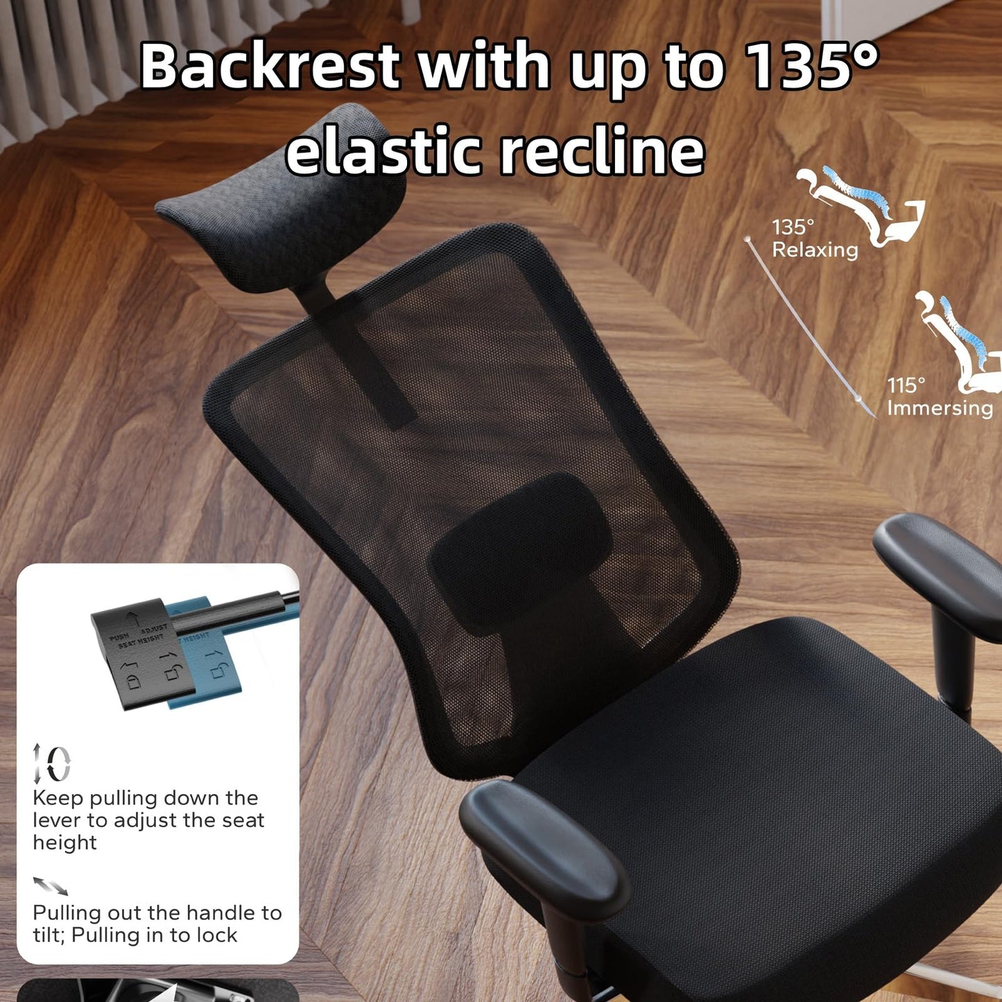 Monhey Ergonomic Office Chair, 90°-125° Tilt Back Home Desk Chair with 360° Swivel & Mute Wheels, High Back Mesh Computer Chair for Adults with Lumbar Support, 330 LBS Capacity (08All Black)