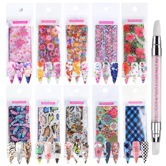 GZMAYUEN 100 Sheets Nail Foil Transfer Sheets, 4 * 20CM Flower Lattice Leopard Print Nail Foil Transfer Sticker Kit, 1 Pcs Nail Art Engraving Pen Silicone Pen