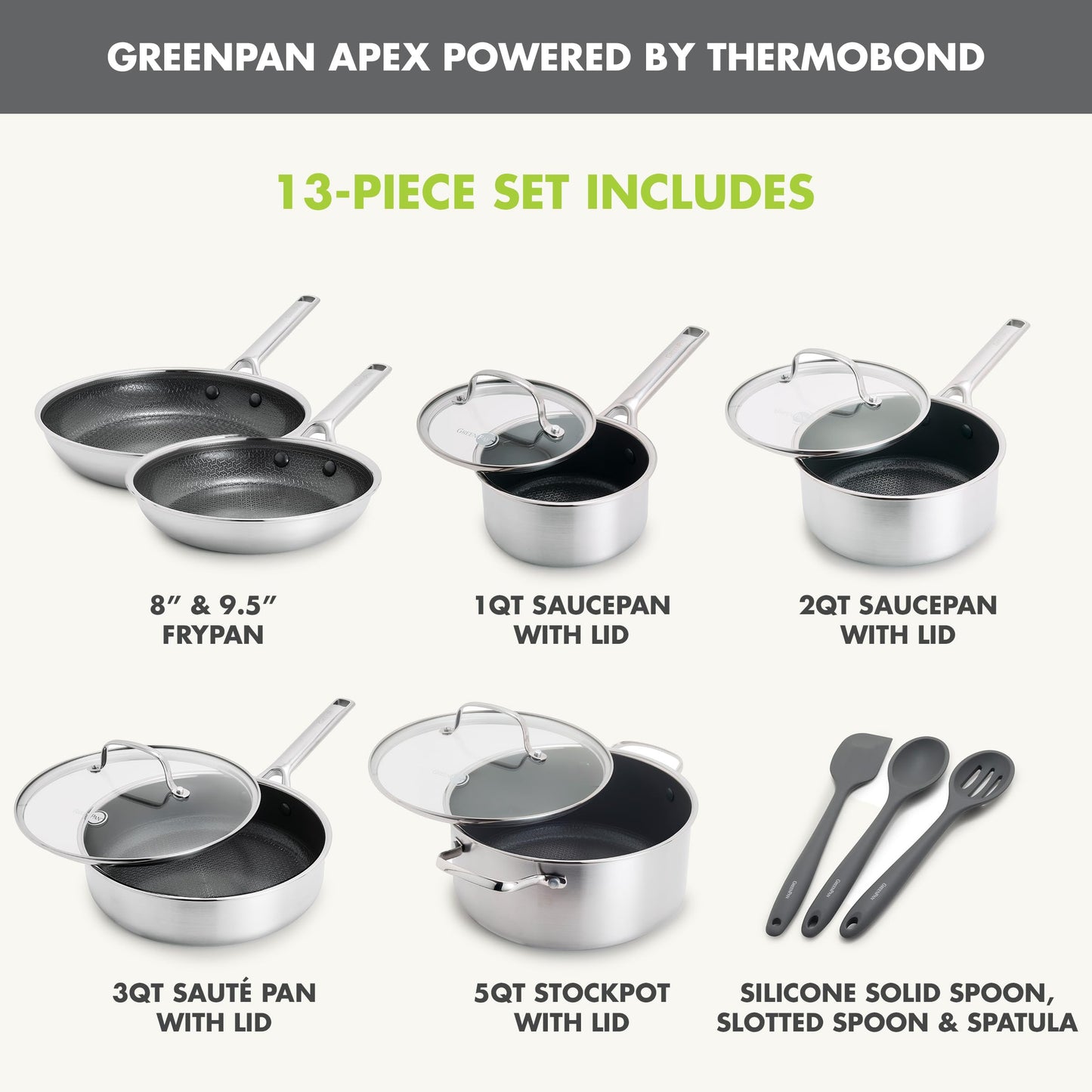 GreenPan Hybrid 13 Piece Nonstick Stainless Steel Cookware Set, APEX Tri-Ply Thermobond PFAS-Free Ceramic Pots & Pans, Induction & All Cooktop Compatible, Oven Temp to 850°F, Dishwasher Safe, Silver