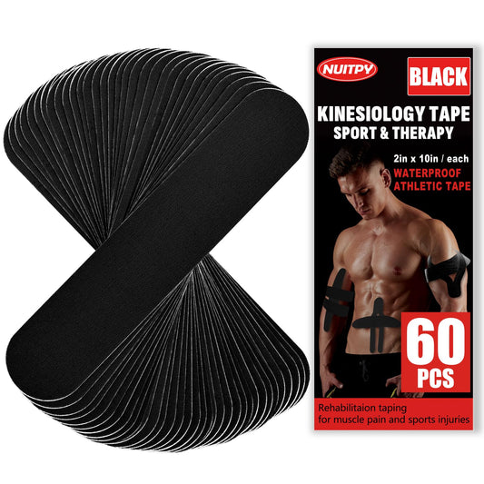 60PCS Precut Kinesiology Tape Strips, 2 inch x 10 inch Athletic Tape, Kinetic Tape, Elastic Muscle Tape, Sports Tape, Knee Tape for Exercise and Daily Use - Black