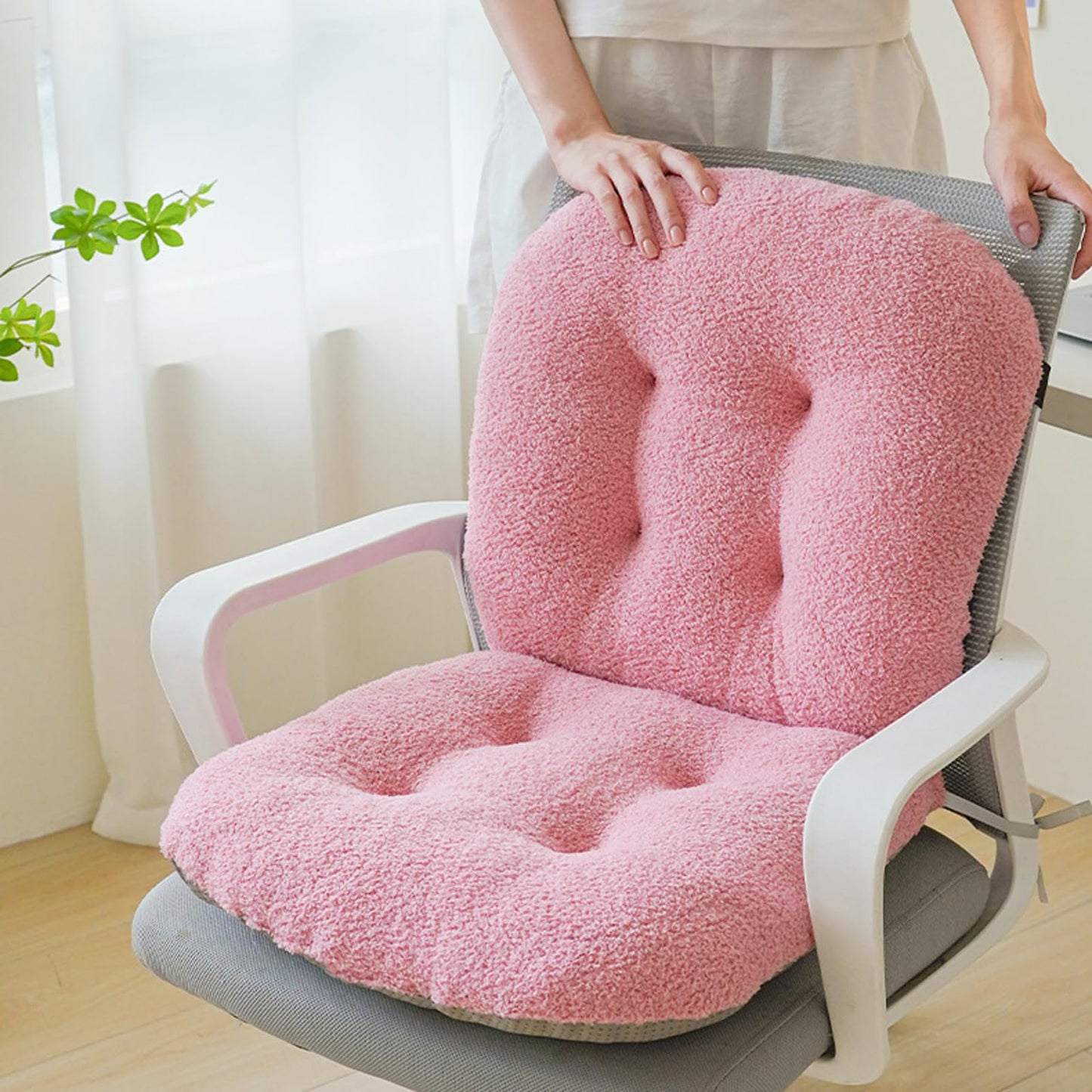 DSHFKLX Pink Chair Cushion Non-Slip Desk Chair Cushions with Back Support Soft Plush Office Seat Pad with Ties Rocking Chairs Cushion for Office Car Home Dining Room Kitchen
