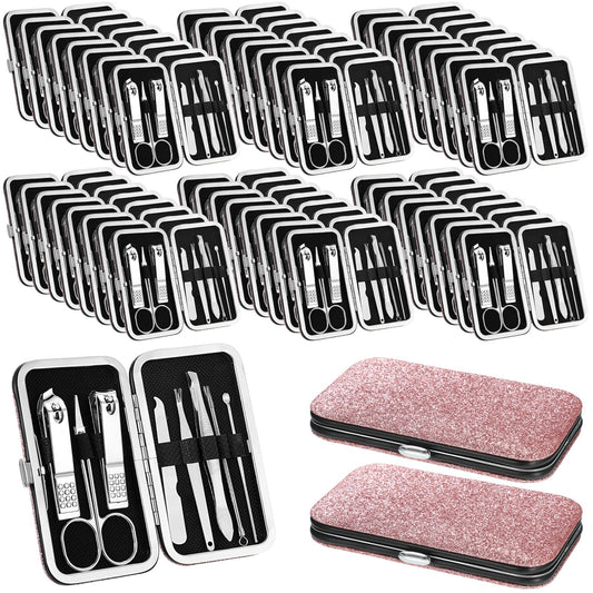 Geosar 50 Set 8 in 1 Travel Manicure Kit Bulk Professional Nail Clippers Pedicure Nail Care Tools Grooming Stainless Steel Set with Portable Travel Case, Gift for Valentine Men Women(Glitter Pink)
