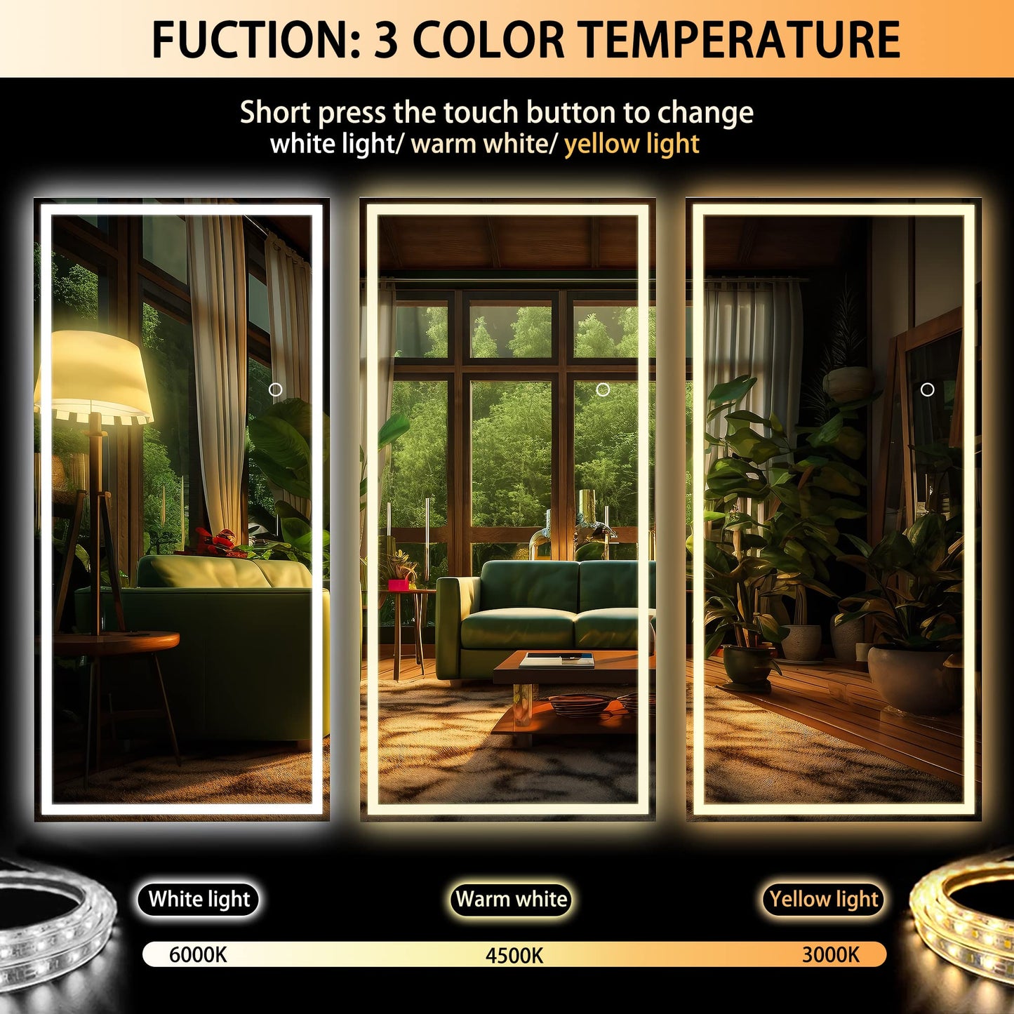 Hasipu Oversized 79” x 32" Full Length Mirror with Lights, LED Lighted Floor Standing Mirror, Full Body Dressing Hanging Mounted Mirrors, Dimmable, Tempered Glass, Safe to Use, Square Black