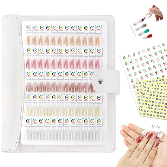 vnjaoi 60 Magnetic Nail Swatch Book,Leather Nail Color Display Book with 72 Magnetic Tips & Number Labels,Professional Nail Salon Color Display Book for Easy Preview & Storage White