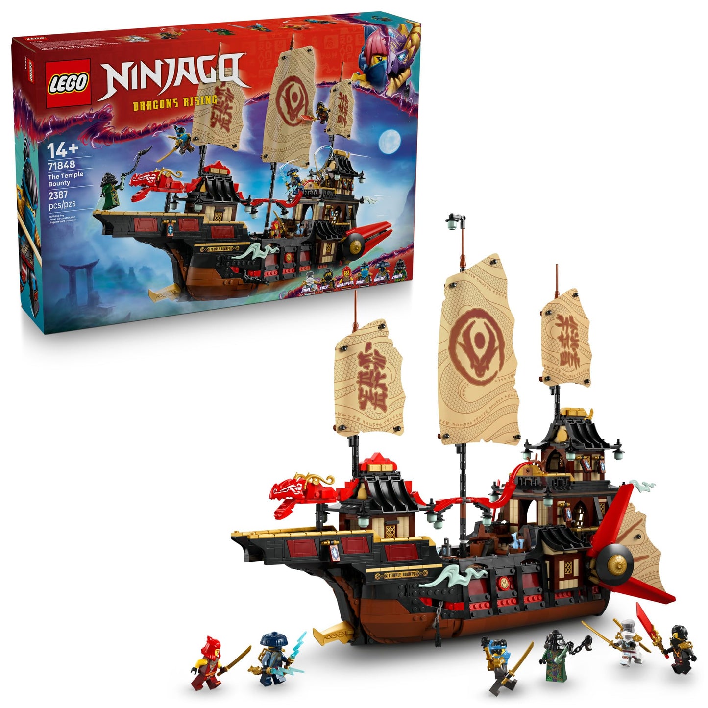 LEGO NINJAGO The Temple Bounty Building Toy - Multi-Level Boat W/6 Ninja Toy Minifigures for Kids, Ages 14+ - Model Building Kit with Display Stand - Dragons Rising Gift for Teen Boys & Girls - 71848