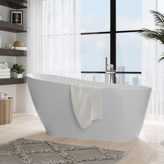 67" Acrylic Freestanding Bathtub, Modern Free Stand Bathtub with Chrome Drain & Overflow, Home Spa, Glossy White