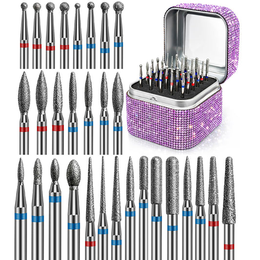 30PCS Nail Drill Bits Set with Holder Case, Professional 3/32 Inch Diamond Cuticle Nail Bits Kit for Nail Drill Machine, Manicure Pedicure Remover Tools Efile Tip for Acrylic Gel Nails, Salon Home
