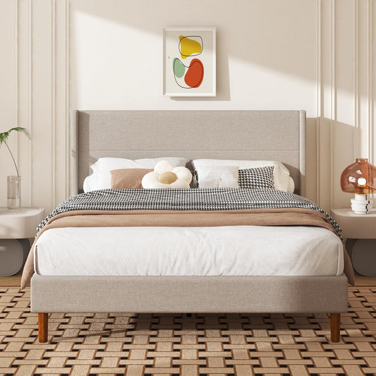 Mxhtcewz Queen Size Bed Frame, Linen Upholstered Platform with Wingback Headboard, Wooden Slats Support, No Box Spring Needed, Easy Assembly, Beige