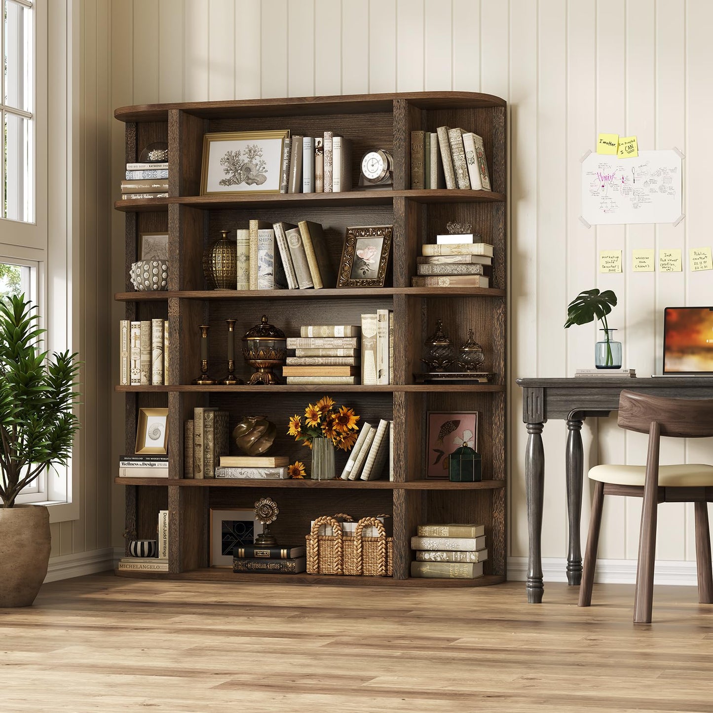 TVU 5-Tier Wood Book Shelf, 47" Wide Large Bookshelf and Bookcase, 62" Tall Bookshelf with Curved Side Shelves, Freestanding Wood Display Book Shelves for Living Room, Home Office, Walnut