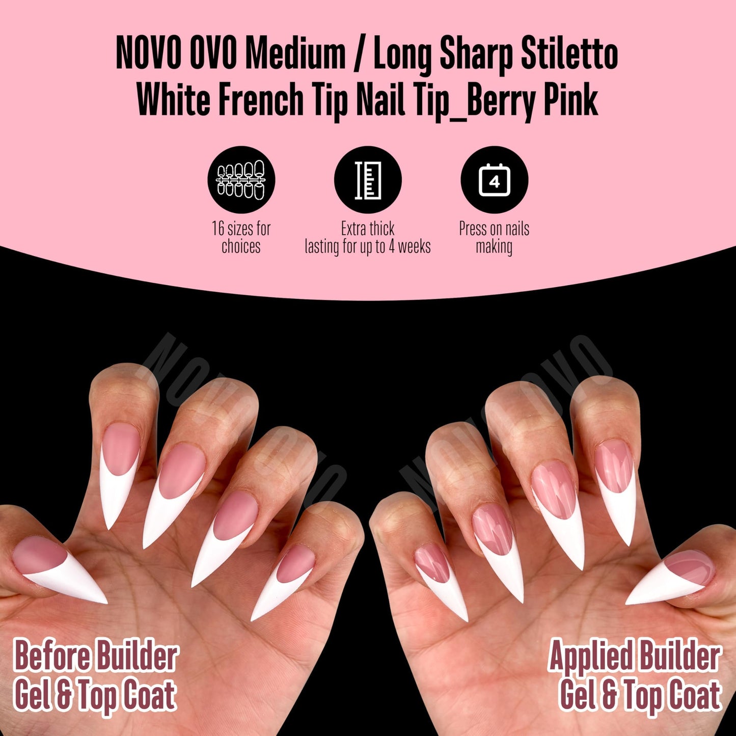 NOVO OVO White French Tip Sharp Stiletto Pointed Medium Long Nail Tips Press on Berry Pink, Soft Gel Fake Acrylic Extension, Full Cover False Nails for Salon DIY x 16 Sizes 160 pcs