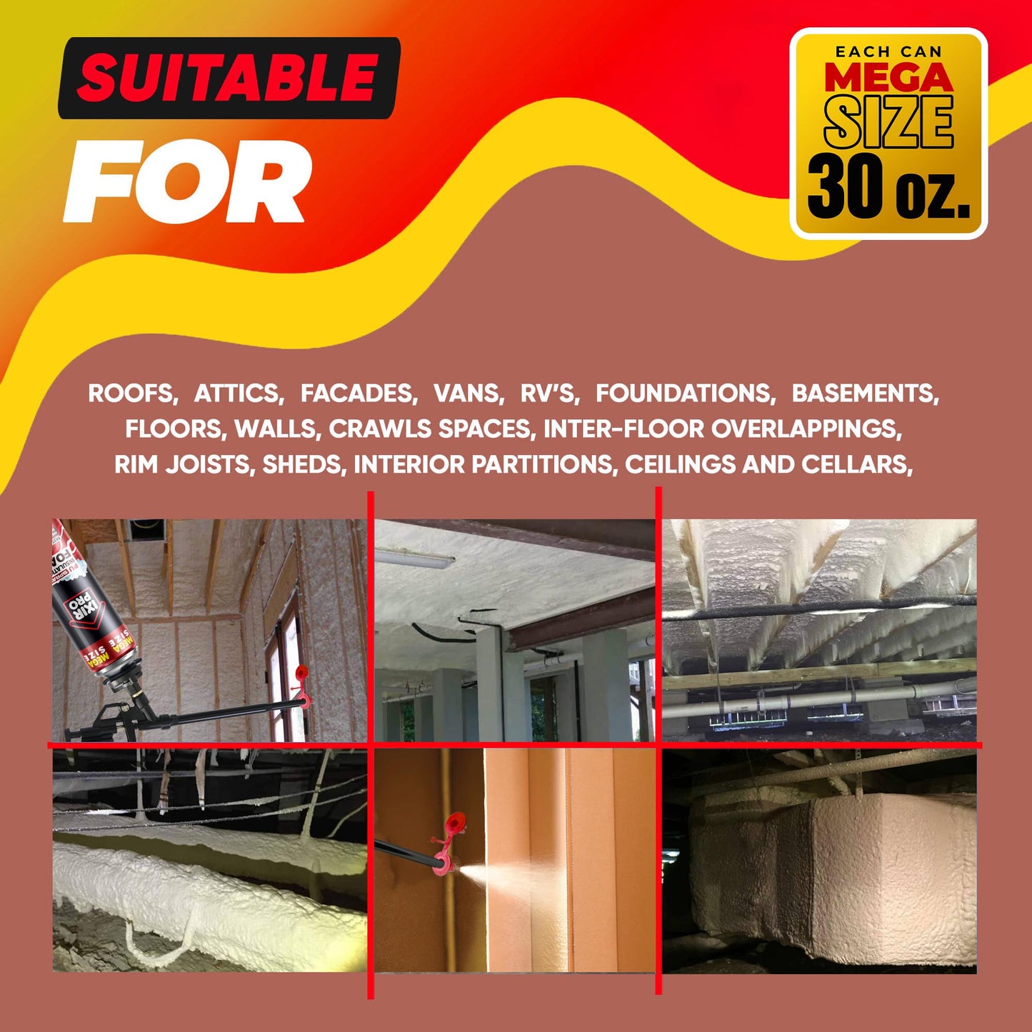 Spray Foam Insulation Can (12 x 30 oz) Expanding Sealant, Mega Size Closed Cell Spray Foam Insulation, High Density, Walls Ceiling Windows Doors