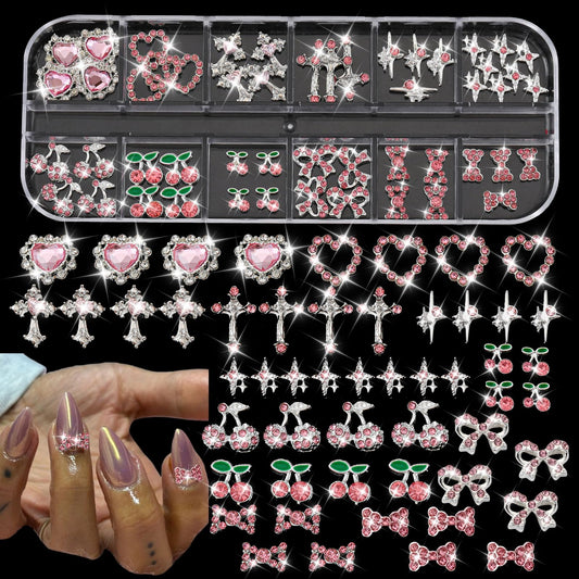 ZUMILLMN 52PCS Pink and Silver Metal 3D Nail Charms Bulk, Bow, Heart, Cherry, Cross and Star Charms for Nails-Shiny Nail Rhinestones for Nail Art, Manicure, DIY Jewelry Making