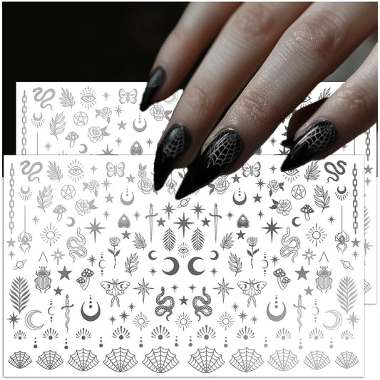 Ectogasm Nail Stickers Metallic Silver Gold Edition | Spooky Witchy Horror Style for Halloween Gothic Fashion Decals - Snakes, Moons, Stars, Cobwebs, Tattoo Art (Silver)
