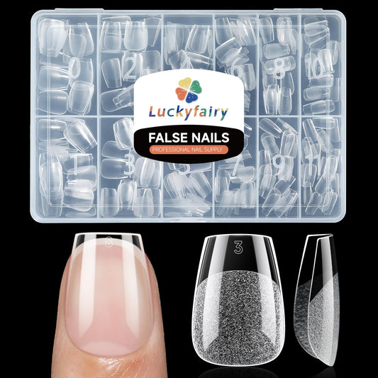 Luckyfariy Extra Short Coffin Nail Tips, 240Pcs Pre-shaped Half Matted Full Cover Ballerina Fake Nails Press on Extension, Soft Gel Clear Tips Home DIY Mani 12 Sizes