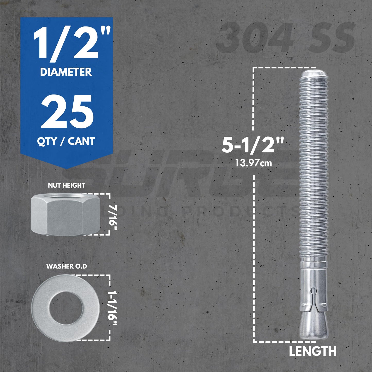 1/2" X 5-1/2" 304 Stainless Steel Wedge Anchors for Concrete and Cement | Heavy-Duty 1/2" Stainless Steel Bolts for Outdoor and Coastal Applications (Box of 25)