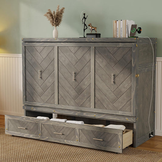 DNYN Queen Size Murphy Bed with Storage Drawer and Built-in Charging Station for Bedroom/Guest Room, Space-Saving Foldable Pine Wood Cabinet Bed with USB Ports, No Box Spring Needed