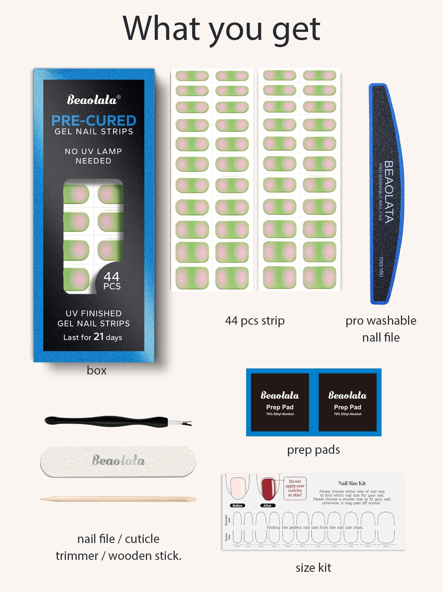 Beaolata Real Gel Nail Strips (No UV Light Needed) - 44Pcs Salon Quality Nail Stickers - Long Lasting Polish Wraps for Women, Easy Apply & Remove (Morning Meadow Green)