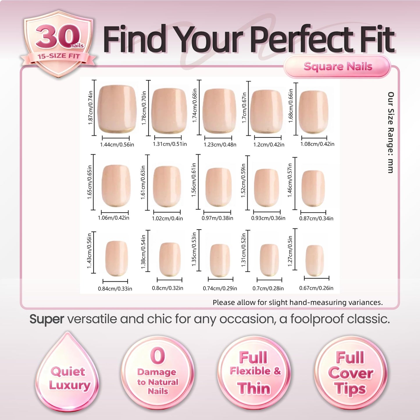 Taoyisent Nude Pink Press On Nails Short Square Glossy, Minimalist Gold French Tip Fake Nails, Reusable Full Cover Stick On Nails for Women Office Wedding Daily Wear, 30PCS