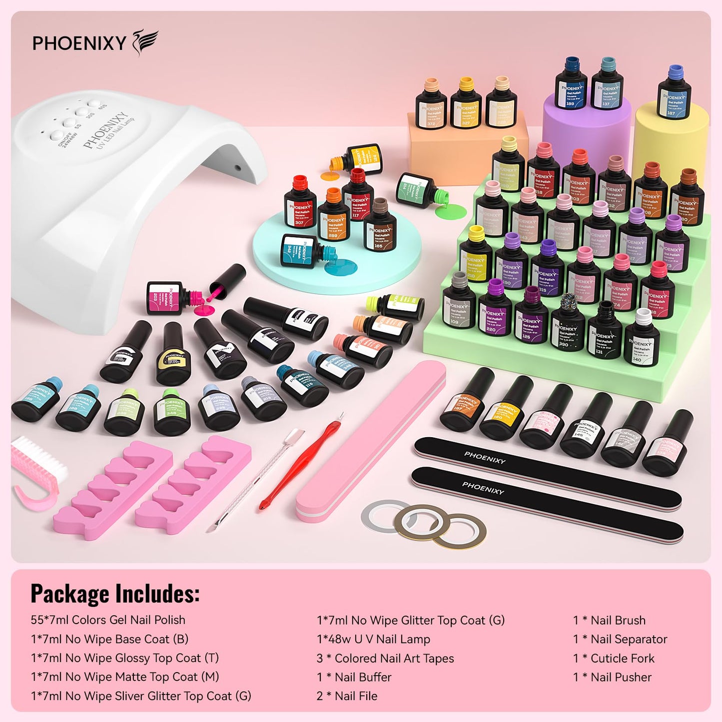 phoenixy 71 Pcs Gel Nail Polish Kit with U V Light, 60 Pcs Gel Nail Kit for Beginners with Everything 5 Pcs Base Top Coat Manicure Starter Nail Polish Set Valentine Gifts for Women
