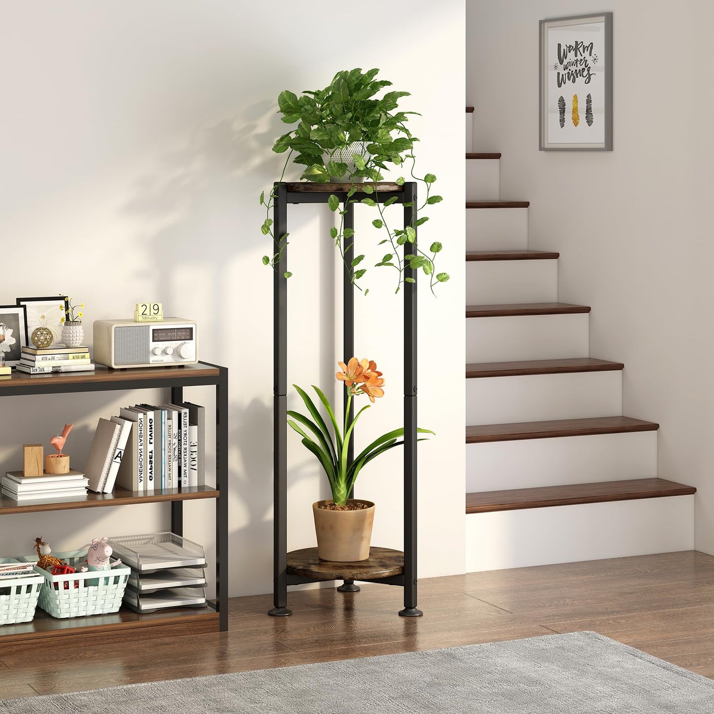 YIZAIJIA Plant Stand Indoor Corner Tall 2 Tier Metal Modern Flower Storage Plant Shelf Holder for Living Room Balcony Garden,Black (2 Tier-Black Round)