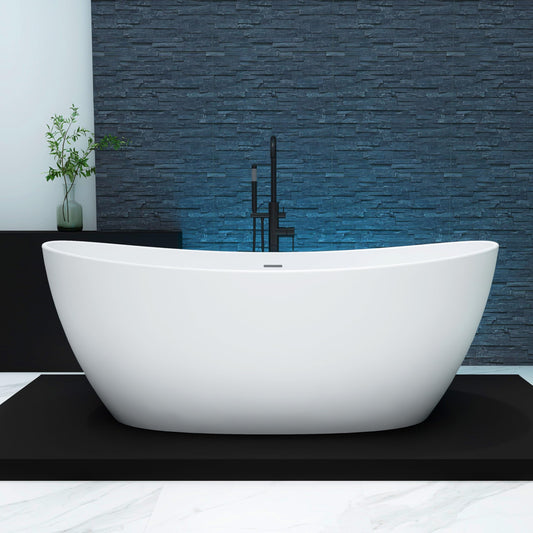 65'' Freestanding Solid Surface Resin Stone Bathtub, Freestanding Tub, Contemporary Design Stand Alone Tub with Pop-up Drain and Overflow, cUPC Certified, Matte White