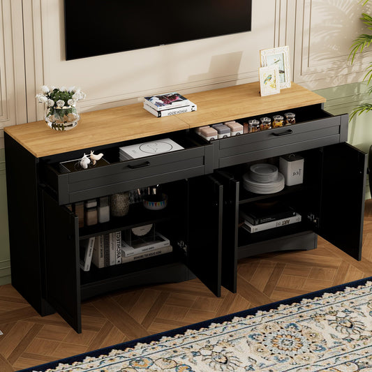 Ball & Cast Farmhouse TV Stand with 2 Drawers for TVs up to 70",Wood Grain Sideboard Buffet Cabinet w/Rustic Handles and Adjustable Shelf,Entertainment Center for Living Room,Bedroom,Black