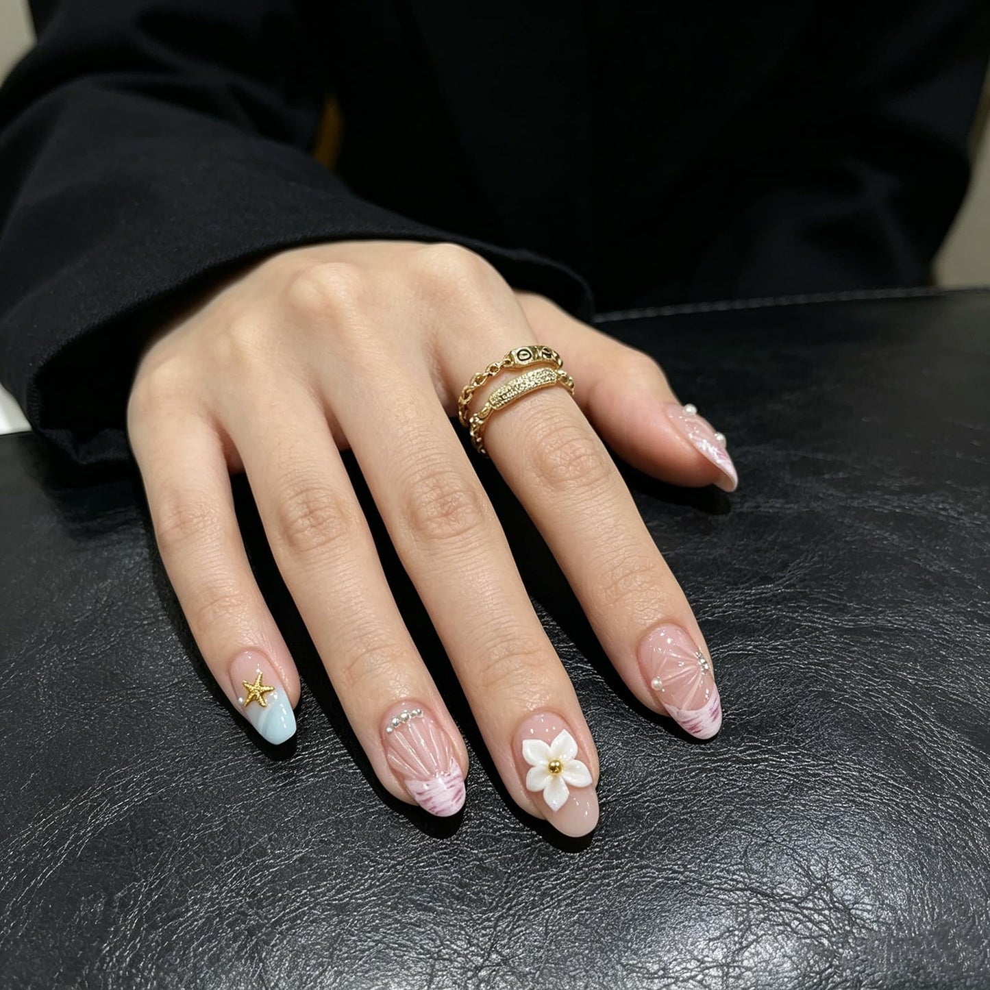Threelegscat Pink Press on Nails Medium Almond 3D Flower& Starfish with Design Handmade Reusable Fake Nails for Woman Daily &party Size M 10PCS