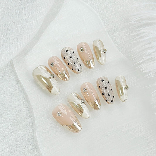 LARSOOY Nails Handmade Press on Nails Almond | Handmade Nails with Polka Dots Design | Reusable Fake Nails for Cool Girls | False Nails 10 Pcs(Golden Toe Shoe, S)