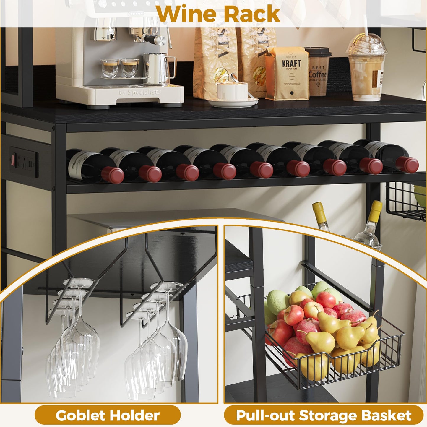 IRONCK Bakers Rack with Power Outlet, Kitchen Microwave Stand with Storage Cabinet, 47.24 Inch Coffee Bar Cabinet, Kitchen Racks with Shelves, LED Light, Globlet Holder and Wine Basket, Black