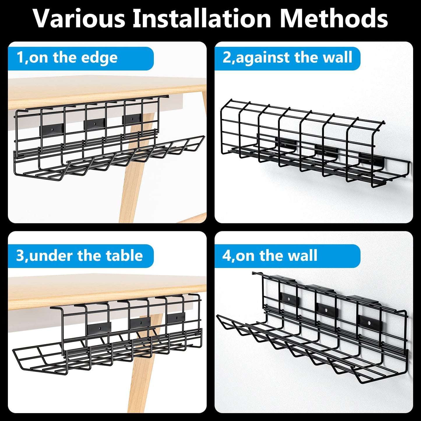 2 Pack DELAMU Under Desk Cable Management Tray, Metal Cord Cable Organizer for Desk, Easy Install Pre-drilled Wire Management Wire Organizer for Office & Home