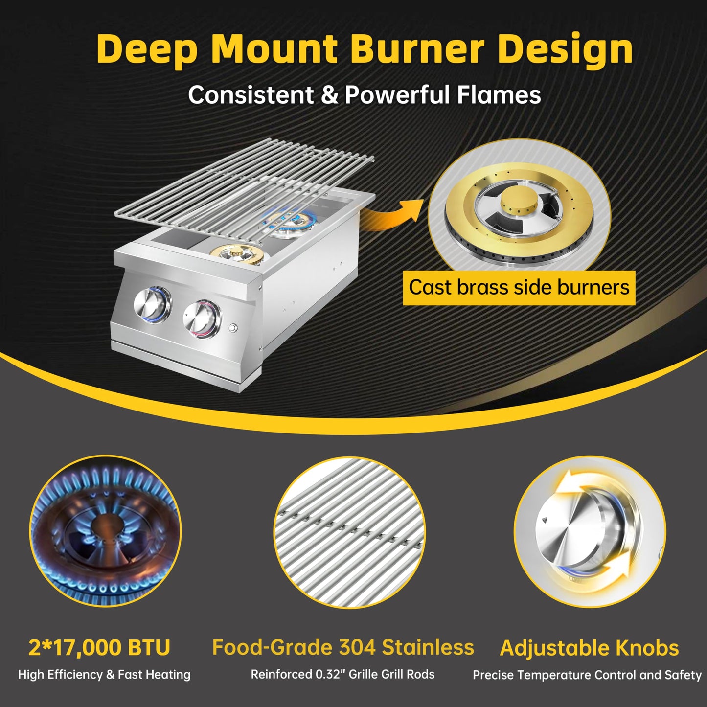Qualipo Double Grilling Side Burners for Outdoor Kitchen, 2 * 17,000BTU Nature Gas Burners, Convertible to Liquid Propane, Heavy-Duty 304 Stainless Steel, Built-in Side Burner for BBQ Grill Island